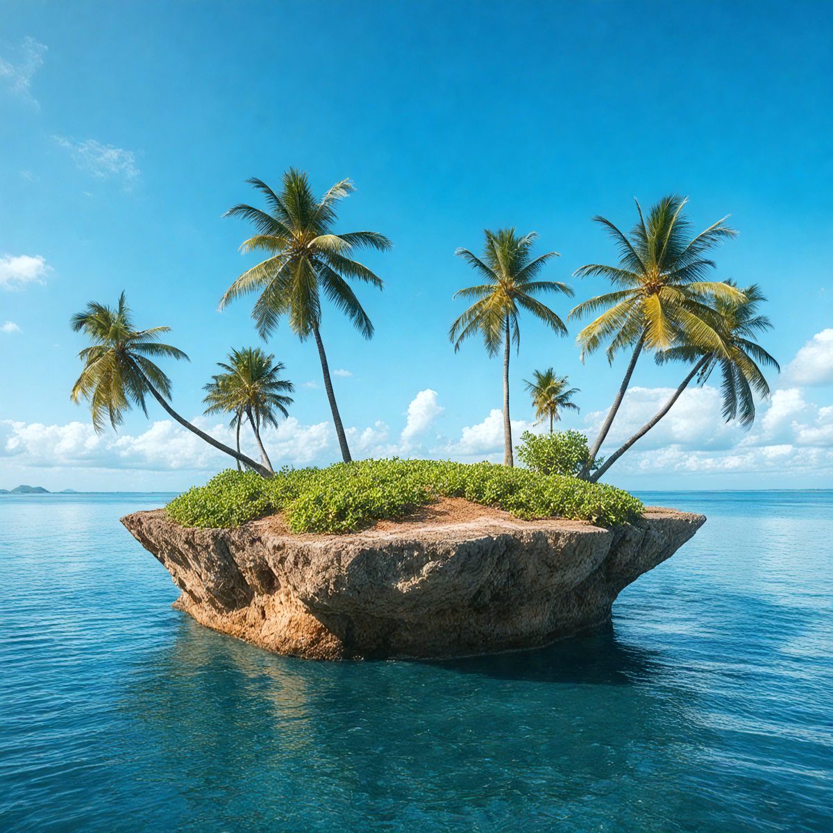 The primary subject of the image is a small island in the middle of the ocean. The island is surrounded by a lush green palm tree, creating a serene and tropical atmosphere. The setting is the vast ocean, with the island being the main focus of the scene. The visual style of the image is a photo, capturing the beauty of the island and its surroundings. The colors and mood of the image are predominantly green and blue, reflecting the natural beauty of the ocean and the island.
